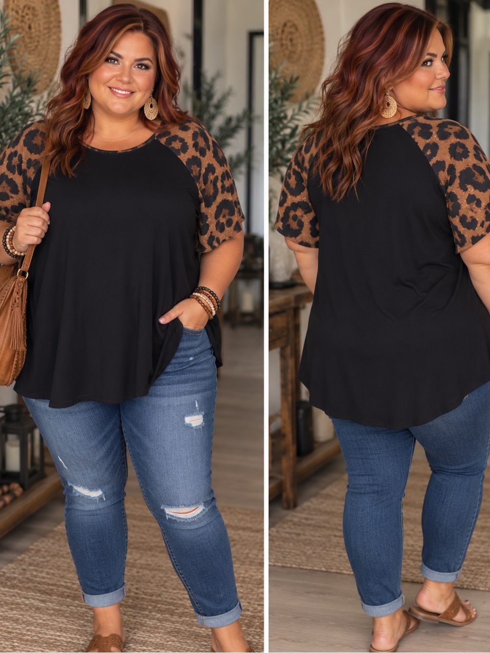 SHEIN Black Tee with Brown Leopard Raglan Sleeves